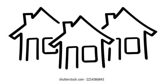 House, Home Line Pattern. House And Home Logo Or Symbol. For Sale In The Street. Buildings Silhouette, Architecture Collection. City, Town Life, Neighborhood. Residential Area. Real Estate And Realty