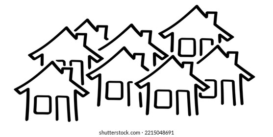 House, Home Line Pattern. House And Home Logo Or Symbol. For Sale In The Street. Buildings Silhouette, Architecture Collection. City, Town Life, Neighborhood. Residential Area. Real Estate And Realty