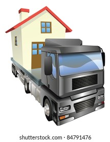 A house or home loaded onto the back of a truck or lorry. Moving house concept.