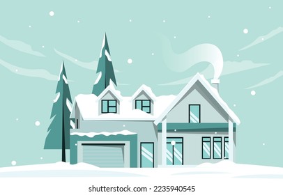 House Home Pine in Snow Fall Winter Illustration