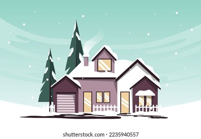 House Home Pine in Snow Fall Winter Illustration