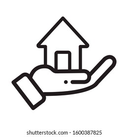 House home plot hand, hand holding a house, selling or giving Real Estate Vector Line Icon isolated on white background EPS Vector