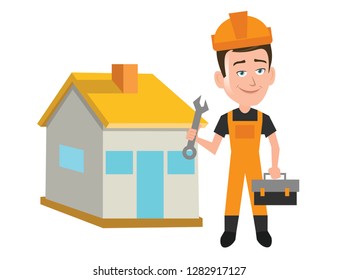 A house home repairman mechanic plumber holding wrench tool and tool bad standing in front of a house for home repair service