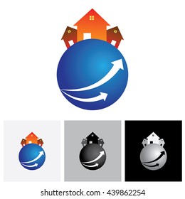 House ( home ) or residence vector logo icon on a planet. The illustration is also a icon for buying & selling property, residential accommodations, rental services