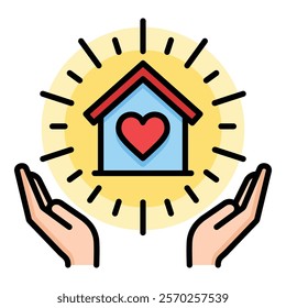 House, home, shelter, charity, warmth, shining colour icon, round line, editable stroke, vector symbol