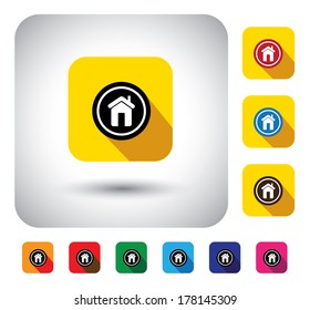 house or home sign on button - flat design vector icon. This long shadows graphic symbol also represents construction industry, website homepage, housing, real estate, property market, asset sale