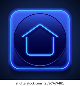 House. home simple icon vector. Flat design. Blue neon style on button. With shadow.ai