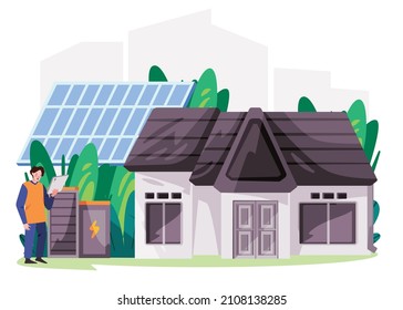 House Home With Solar Panel Battery  Storage Of Electricity Cell Energy Power Modern Grid Residential Building Eco Friendly Sustainable