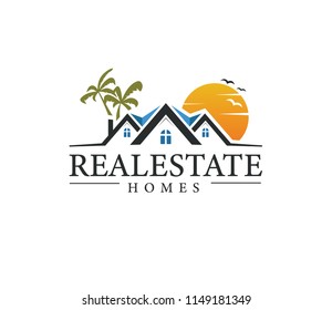 House home stay with beautiful sunrise vector logo design. Seaside beach logo with houses, birds and palms.