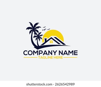 House home stay with beautiful sunrise vector logo design. Seaside beach logo with houses, palm realestate logo