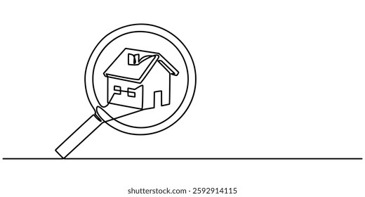 house home through magnifying continuous one line drawing, Searching Apartment Line Icon with Editable Stroke. The Icon is suitable for web design, mobile apps, UI, UX, and GUI design, House Searching