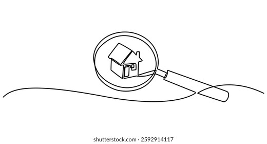 house home through magnifying continuous one line drawing, Searching Apartment Line Icon with Editable Stroke. The Icon is suitable for web design, mobile apps, UI, UX, and GUI design, House Searching
