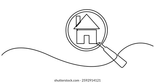 house home through magnifying continuous one line drawing, Searching Apartment Line Icon with Editable Stroke. The Icon is suitable for web design, mobile apps, UI, UX, and GUI design, House Searching