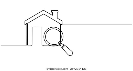 house home through magnifying continuous one line drawing, Searching Apartment Line Icon with Editable Stroke. The Icon is suitable for web design, mobile apps, UI, UX, and GUI design, House Searching