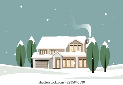 House Home Tree in Snow Fall Winter Illustration