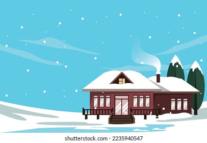 House Home Tree in Snow Fall Winter Illustration