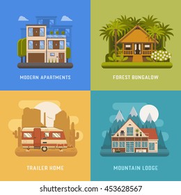  House and homes set. City modern apartments, tropic bungalow, mountain lodge at national park area and camping trailer.  Different dwelling set.Vector home poster collection. House booking and rent.