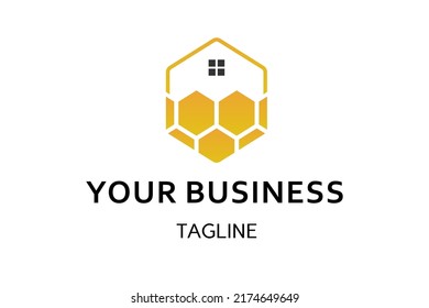 House honey logo design with golden hexagons, symbolizing community, stability, and sustainability. Perfect for real estate, eco-friendly housing, or honey-related brands.
