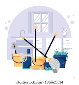 house with housekeeping equipment scene vector illustration design