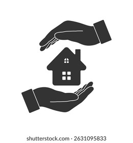 House is in a human hands. House safety or care symbol isolated on white background. Vector illustration 