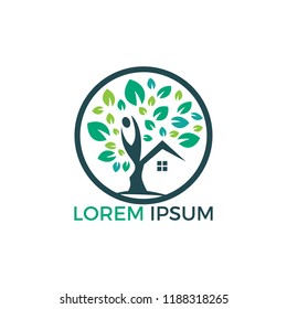 House and Human logo design. Tree House and joyful Human vector logo template.