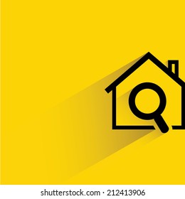 house hunting, house and magnifier glass on yellow background, flat and shadow theme design