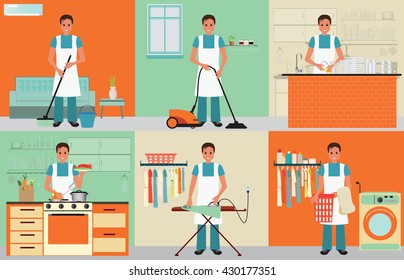 House husband cleaning, ironing, cooking and washing with equipment working at home, man househusband set character vector illustration.