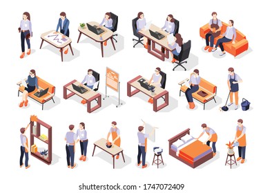 House husband doing chores and working woman in office icons set 3d isometric isolated vector illustration