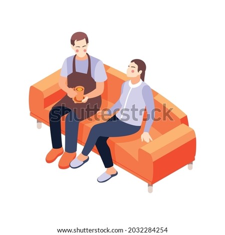 House husband giving cup of tea to wife 3d isometric vector illustration