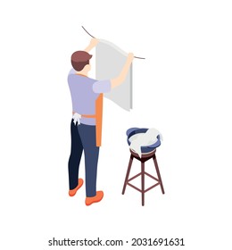 House husband hanging out laundry 3d isometric icon vector illustration