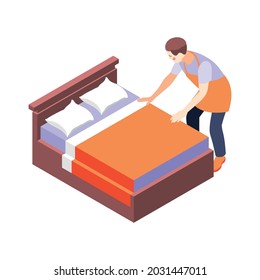 House Husband Making Bed Isometric Vector Illustration