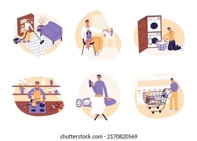 House Husband. Man At Household Activities Set. Colection Of Male Doing House Work. Guy Cleaning, Cooking, Washing, Ironing. Flat Cartoon Vector Illustrtion, Trendy Colors, Isolated White Background.