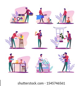 House husband set. Man doing laundry, ironing, feeding baby. Flat vector illustrations. Parental leave, father at home concept for banner, website design or landing web page
