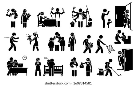 House Husband And Working Wife Family Lifestyle With Children Stick Figure Pictogram Icons. Vector Illustrations Depict A Househusband On Household Duty, While The Wife Going Out Work To Earn Money.