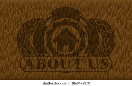house icon and About us text Hairy brown fur realistic badge. Pet fancy background. Intense illustration. 