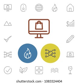 House icon with approved, leaf and world symbols. Set of laptop, ecommerce, cyber security icons and vote concept. Editable vector elements for logo app UI design.