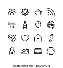 House icon with arm, laptop and fingerprint symbols. Set of parent, hot, home icons and teapot concept. Editable vector elements for logo app UI design.