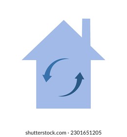 House icon with arrows. Arrows rotating in a circle. The concept of air purification and freshening concept. Home air purifier. Vector illustration