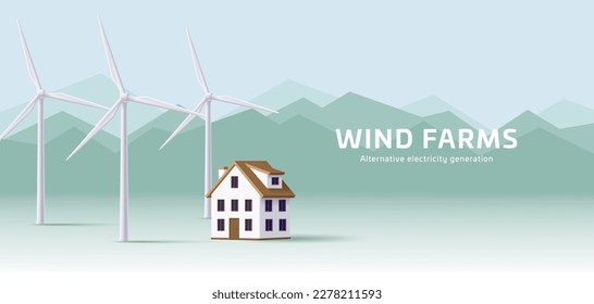 House icon with big windmill farm behind in mountains, 3d illustration, green energy