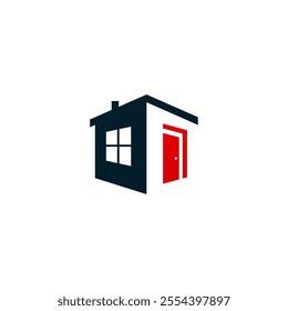 A house icon with a black roof, a black window, a red door, and a dark gray diamond shape behind it