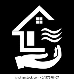 house icon with black and white and a picture of the hand below it. which illustrates the symbol that having a house to live in is not difficult