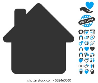 House icon with bonus dating symbols. Vector illustration style is flat iconic blue and gray symbols on white background.