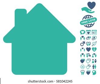 House icon with bonus romantic pictograms. Vector illustration style is flat iconic cobalt and cyan symbols on white background.