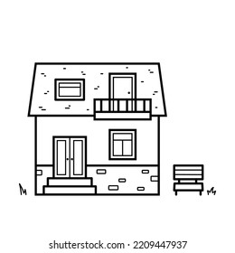 House. Icon of building with door, windows, balcony and bench near home. Iisolated vector illustration in line style.