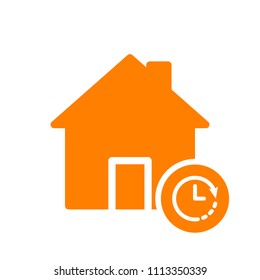 House icon, buildings icon with clock sign. House icon and countdown, deadline, schedule, planning symbol. Vector illustration