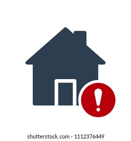 House icon, buildings icon with exclamation mark. House icon and alert, error, alarm, danger symbol. Vector illustration