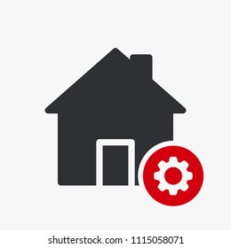 House icon, buildings icon with settings sign. House icon and customize, setup, manage, process symbol. Vector illustration