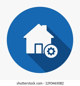 House icon, buildings icon with settings sign. House icon and customize, setup, manage, process symbol. Vector illustration