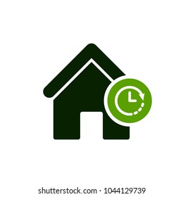 House icon with clock sign. House icon and countdown, deadline, schedule, planning symbol. Vector icon
