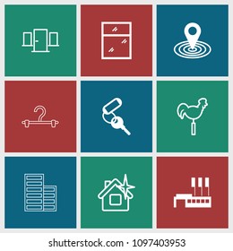 House icon. collection of 9 house filled and outline icons such as key, map location, weather vane, door, window, building. editable house icons for web and mobile.